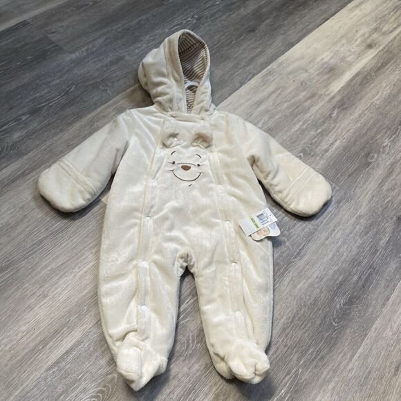 Disney Winnie the Pooh Hooded Ivory Soft Plush Pram Footed3/6 Month - Picture 1 of 6